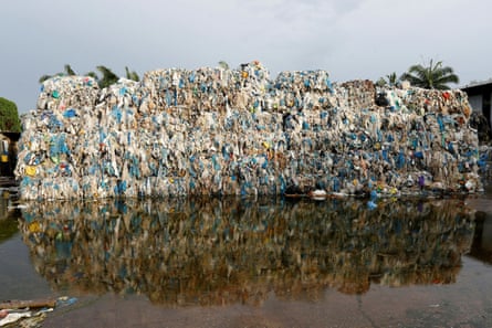 Plastic waste piled outside an illegal recycling factory in Jenjarom, Kuala Langat, Malaysia.