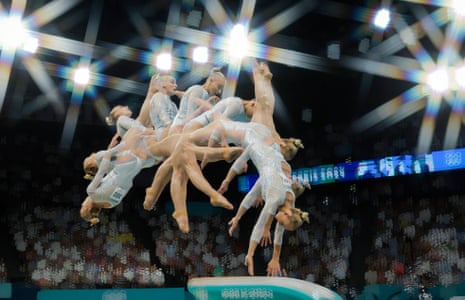 A multiple exposure shot of Italy’s Alice D’Amato performing on the vault during the final of the women’s gymnastics team all-around