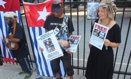 Lober Wanggai and Izzy Brown protest outside the Indonesian consulate