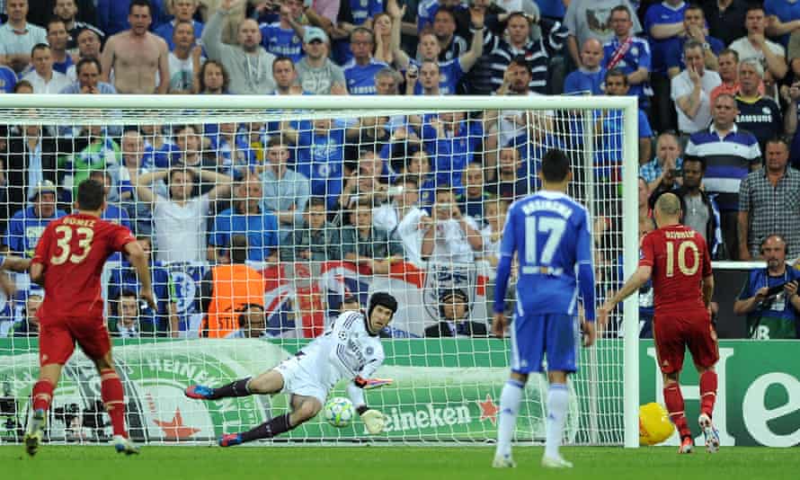 Chelsea’s Petr Cech saves the penalty of Bayern Munich’s Arjen Robben during extra-time in the 2012 Champions League final. Cech also saved two spot kicks in the penalty shoot-out, which Chelsea won 4-3 to win the trophy.