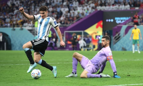 Ryan loses the ball to Julian Alvarez who sticks it past him into the goal for Argentina’s second goal.