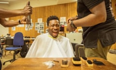 Fisayo Akinade rehearsing Barber Shop Chronicles