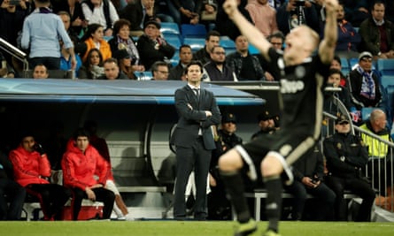 Santiago Solari (centre) replaced Julen Lopetegui at Real Madrid but the club are 12 points behind Barcelona in La Liga.
