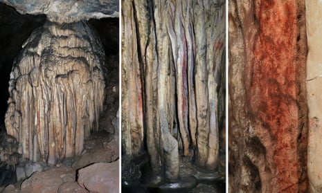 A general view (left), medium close-up (middle) and extreme close up of a partly coloured stalagmite tower in the Spanish cave of Ardales, southern Spain.