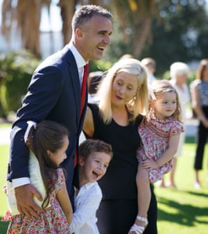 New South Australian premier Peter Malinauskas with his wife Annabel and three children, Sophie, Jack and Eliza at Government House in Adelaide on Monday.