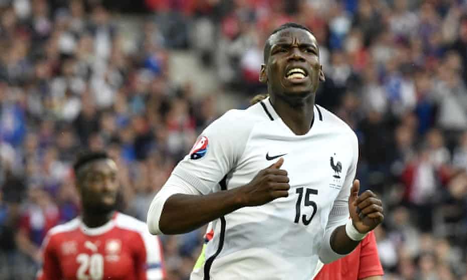 Paul Pogba reacts after missing a chance to score during the match in Lille.