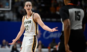 Indiana Fever guard Caitlin Clark reacts during the first quarter of Tuesday’s game against the Connecticut Sun.