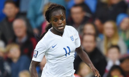 Eni Aluko taking on Wales in a World Cup qualifying game. She was the top scorer as Mark Sampson’s team reached the tournament in Canada in 2015.