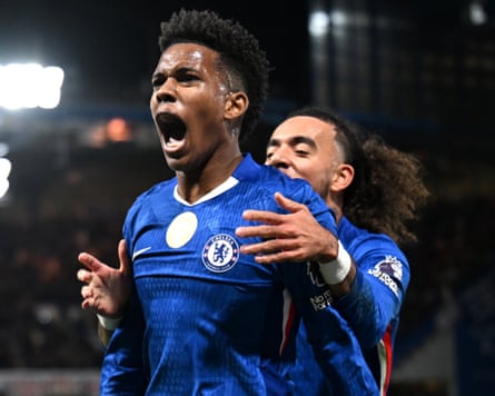 Estêvão celebrates scoring his team’s precocious victor against Liverpool astatine Stamford Bridge