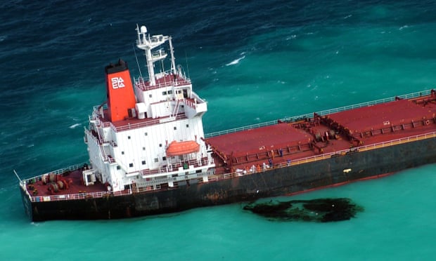  The Chinese coal carrier the Shen Neng 1, which ran aground on the Great Barrier Reef in 2010 and left behind tonnes of toxic paint. Photograph: Maritime Safety Queensland