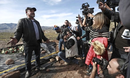 Adrian LeBarón speaks to reporters in the place where one of the cars belonging to the extended LeBaron family was ambushed by gunmen last year near Sonora state, Mexico,