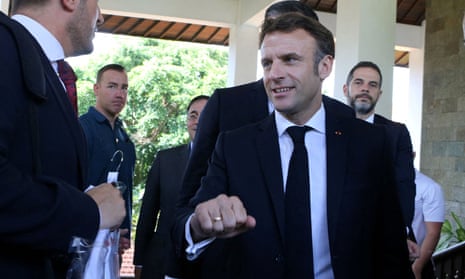 French president Emmanuel Macron, right, after an emergency meeting at Nusa Dua in Bali.