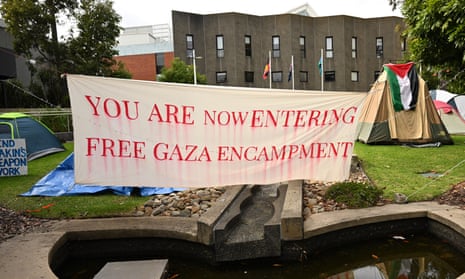 Pro-Palestine encampment at Deakin University’s Burwood campus in Melbourne on Tuesday.