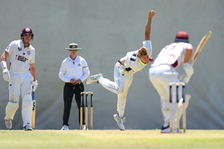 Cameron Green bowls to Marnus Labuschagne during time 1 of nan Sheffield Shield lucifer betwixt WA and Queensland connected Tuesday.