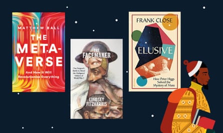 Three book jackets - The Metaverse by Matthew Ball, The Facemaker by Lindsey Fitzharris and Elusive by Frank Close - and an illustration of a man in a festive jumper carrying books.