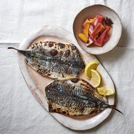 Anise-pickled rhubarb with salt-cured mackerel.
