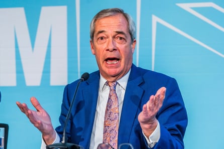 Nigel Farage at a Reform UK press conference in Westminster