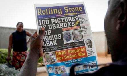 A 2010 copy of Rolling Stone in which the paper reveals the identity of Ugandan gay rights activist David Kato (left).