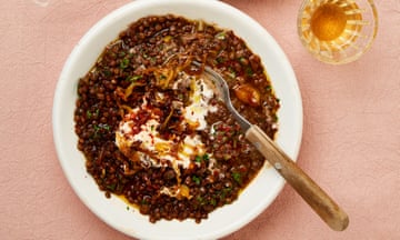 Meera Sodha's lentils with pomegranate molasses and whipped tahini.