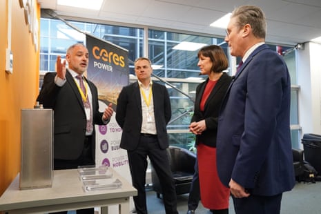 Keir Starmer and the shadow chancellor, Rachel Reeves, being shown a hydrogen fuel cell stack by CEO Phil Caldwell and production manager Steve Brown (left) during their tour of production facilities of the fuel cell manufacturer, Ceres Power, in Surrey this morning.