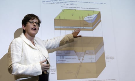 Professor Heather DeShon explains the process by which earthquakes occur in the Azle, Texas, area, during a news conference at the Southern Methodist University campus in Dallas this week.