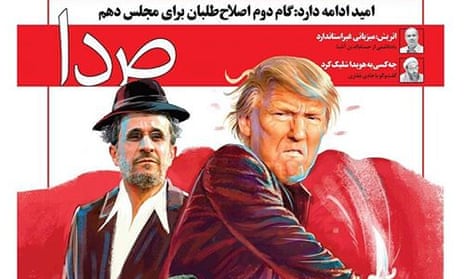 The front cover of the Iranian weekly Seda depicts Mahmoud Ahmadinejad and Donald Trump in a film poster.