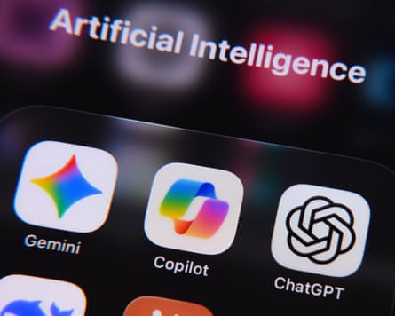 A closeup of an artificial intelligence app folder featuring Copilot, Gemini and ChatGPT, among others, displayed on a smartphone screen