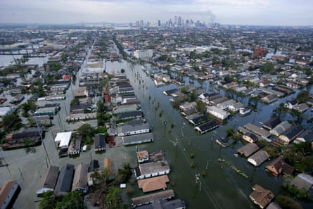An aerial view of the streets of New Orleans in deep water after Hurricane Katrina.