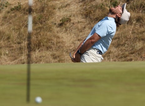 Tommy Fleetwood reacts to nearly holing his chip at the 7th