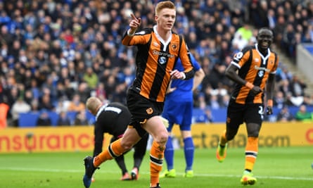 Sam Clucas celebrates scoring Hull City’s first goal in the Premier League match against Leicester in 2017.