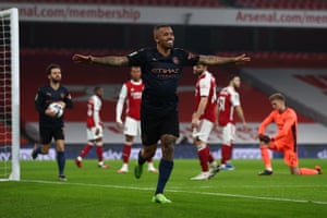 Gabriel Jesus of Manchester City celebrates after scoring their team’s first goal.