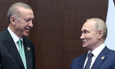 Turkey’s president, Recep Tayyip Erdoğan, meets the Russian president, Vladimir Putin, in Astana.
