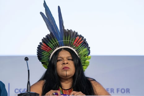 Sonia Guajajara, activist, environmentalist and politician from Brazil, listens during the panel discussion on Indigenous women from the Amazon.