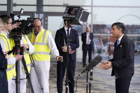 Rishi Sunak giving a media interview during a visit to an engineering firm in Barrow-in-Furness.