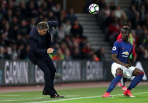 Southampton manager Claude Puel is hit by the ball.