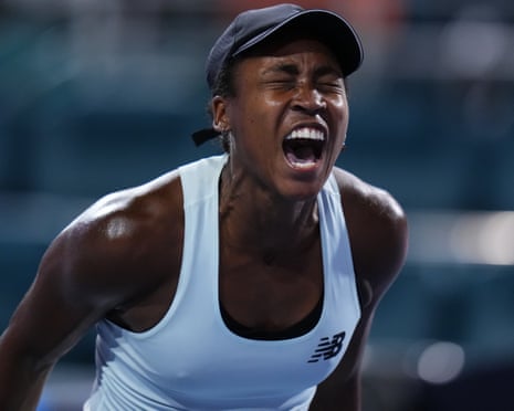Coco Gauff celebrates during her match at the Miami Open at Hard Rock Stadium