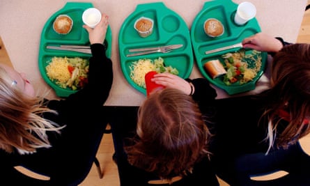 Overhead view of pupils eating school meal