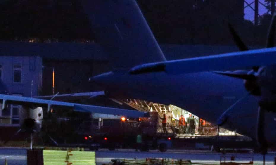 An RAF plane at Brize Norton in Oxfordshire unloading PPE on 23 April.