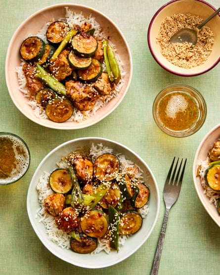 Ravinder Bhogal’s stir fried courgettes with crisp tofu and chilli sauce.