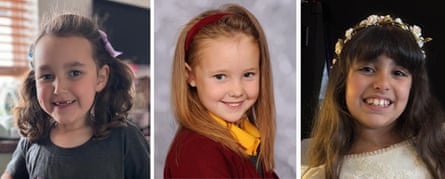 individual photographs side by side of the three young girls, happy and smiling. Bebe and Alice have long dark hair and Elsie has long fair hair held back by a headband; Bebe has missing front teeth and a bow in her hair; and Alice is wearing a floral headpiece and white dress.