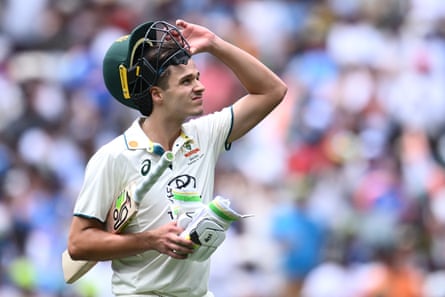 Sam Konstas of Australia leaves the field after being dismissed by Ravindra Jadeja of India during the Fourth Test match between Australia and India at the Melbourne Cricket Ground