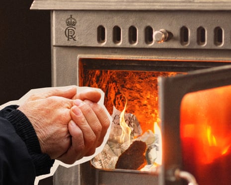 Composite illustration of person warming their hands by a stove, in which £20 notes are burning