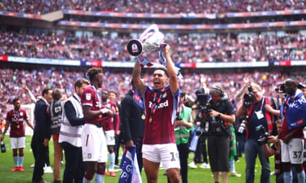 Andre Green celebrates after helping Aston Villa to win the 2019 Championship playoff final.