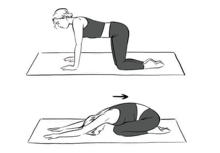 Two illustrations showing how to perform a child’s pose