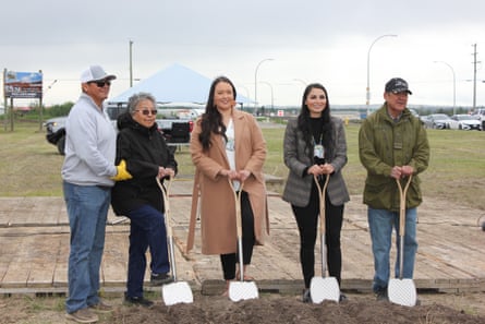 Doig River First Nation councillors Brittany Robertson and Justin Davis with members of the Doig River governing team and elder Gerry Attachie at the groundbreaking of Doig River Urban Reserve