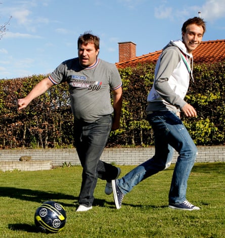 Christian Eriksen playing football in his parent’s garden in Middelfart with his father Thomas.