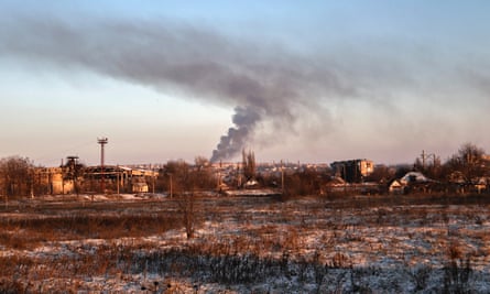 Smoke rises after shelling in Soledar, the site of heavy battles with Russian forces in the Donetsk region, Ukraine on 8 January 2023.