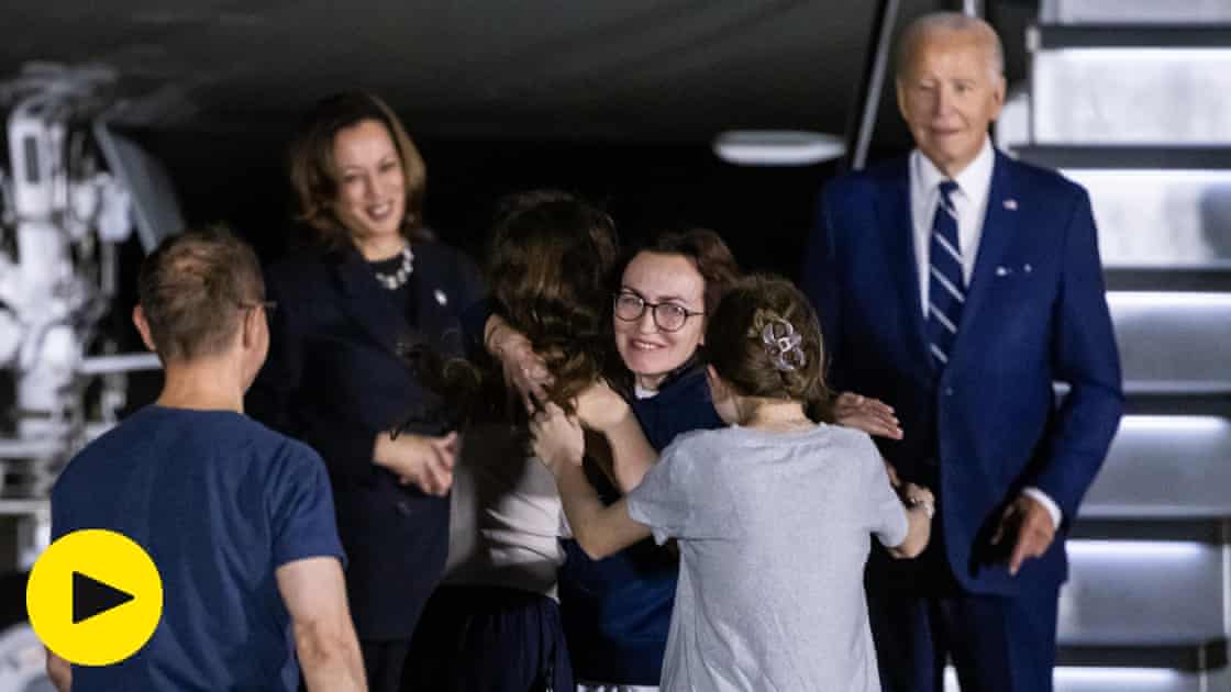 Biden and Harris greet freed Americans after biggest Russia prisoner swap since cold war - video