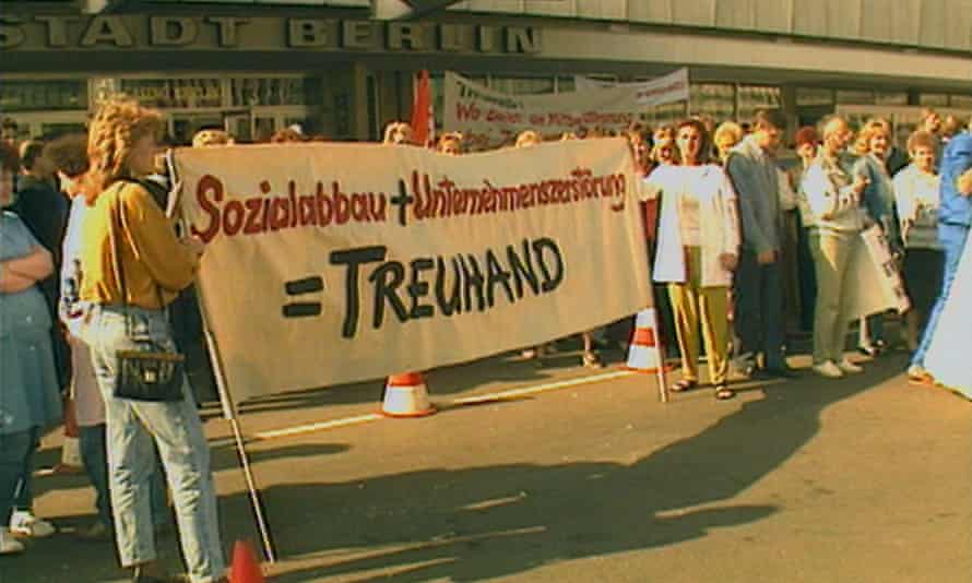 Demonstrations against Treuhand, as seen in the documentary.