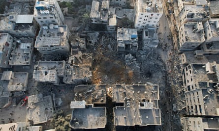 A view from above looking down at bombed buildings